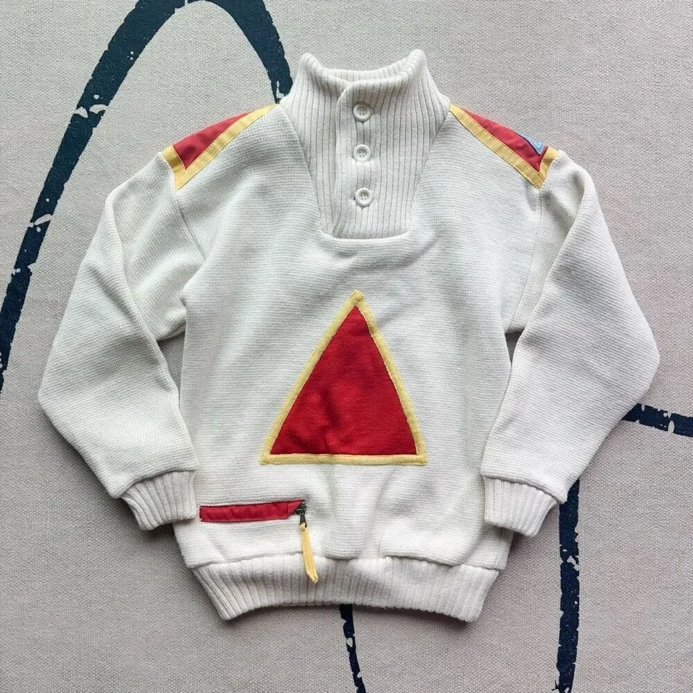 VTG Y2K Geometric White Wool Blend Sweater Sz S Pocket Denmark Made Ski Knit